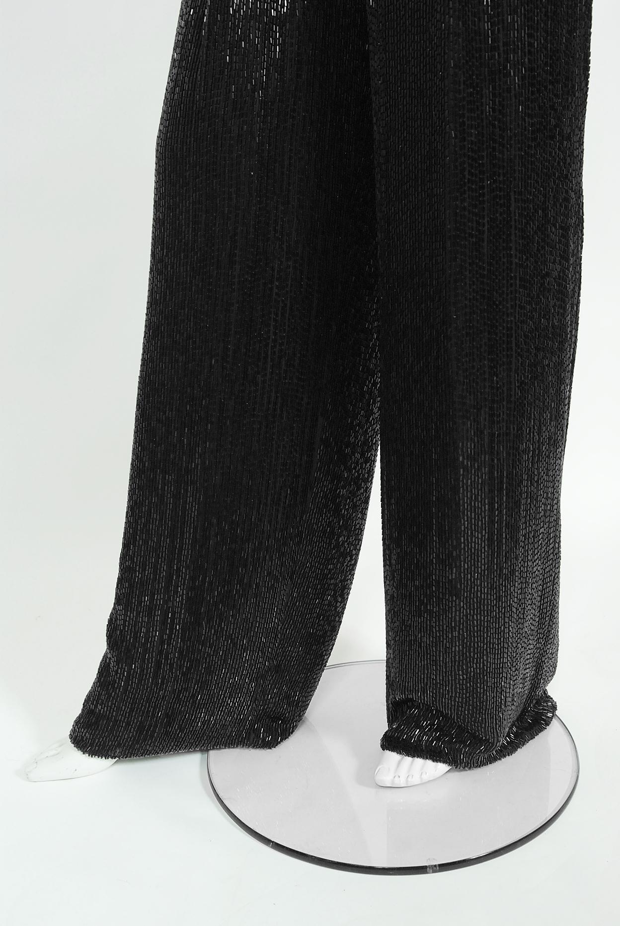 Vintage 1970s Black Fully-Beaded Silk Satin Halter Custom Couture Disco Jumpsuit en vente 3
