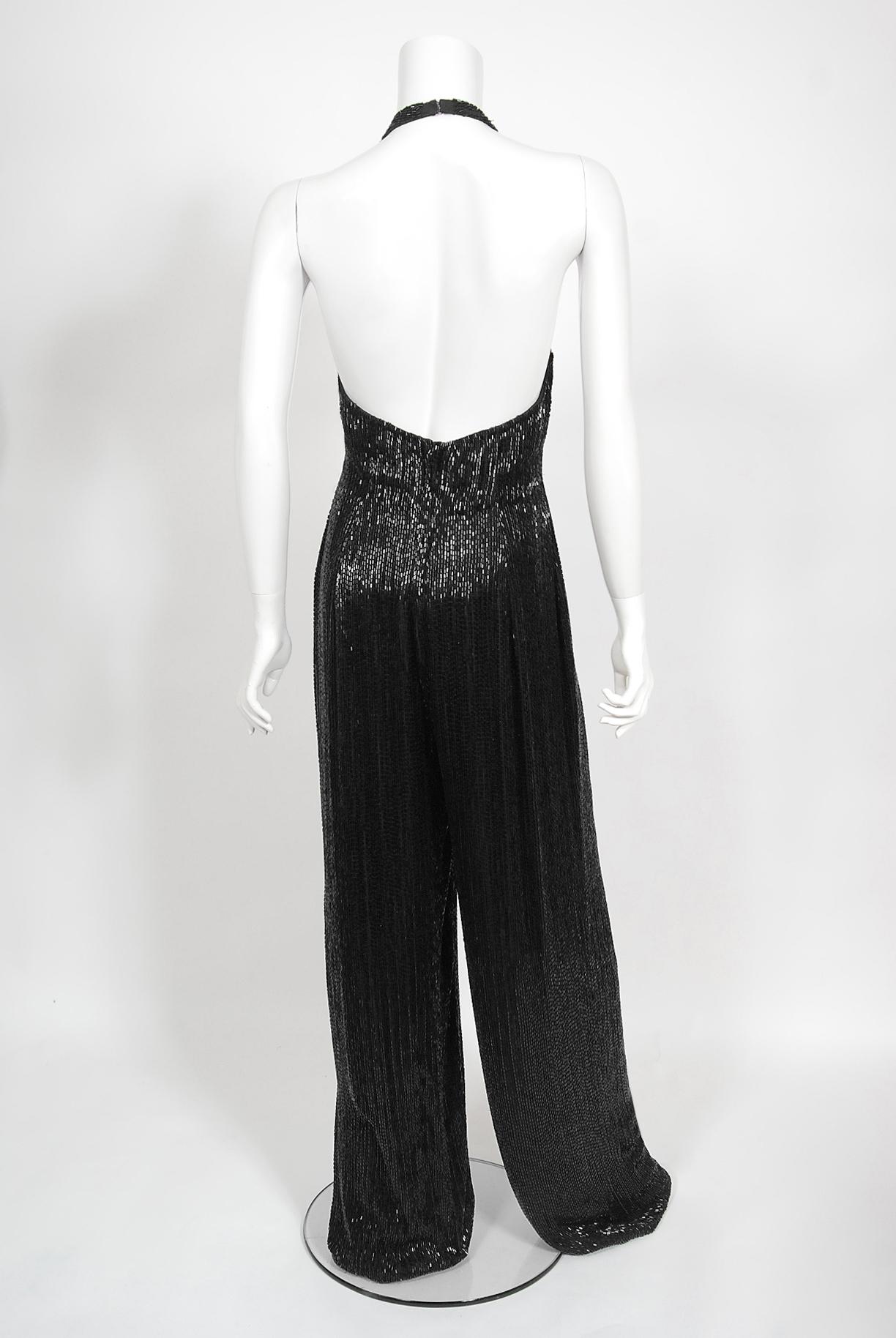 Vintage 1970s Black Fully-Beaded Silk Satin Halter Custom Couture Disco Jumpsuit For Sale 2
