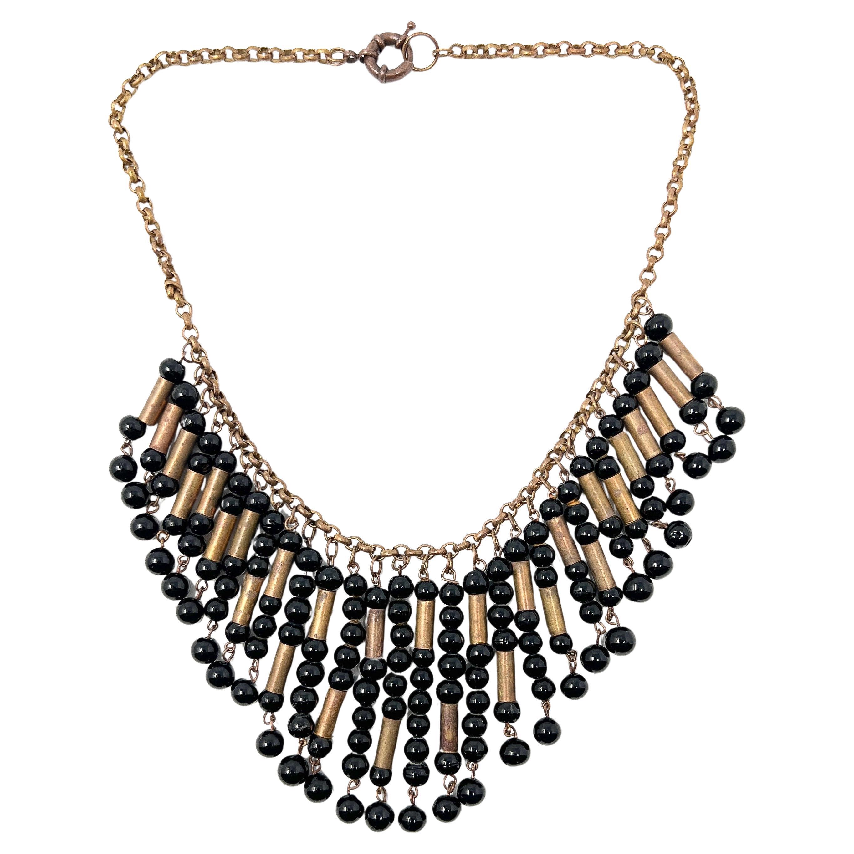 Collana con frange di perle di vetro nere vintage degli anni '70