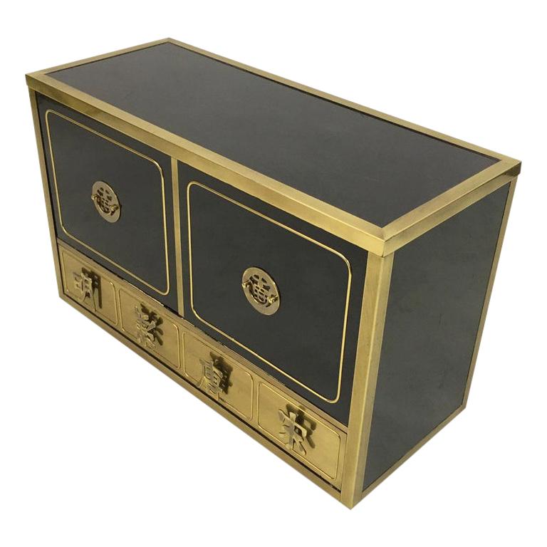 Vintage 1970s Black Lacquer and Brass Cabinet by Mastercraft
