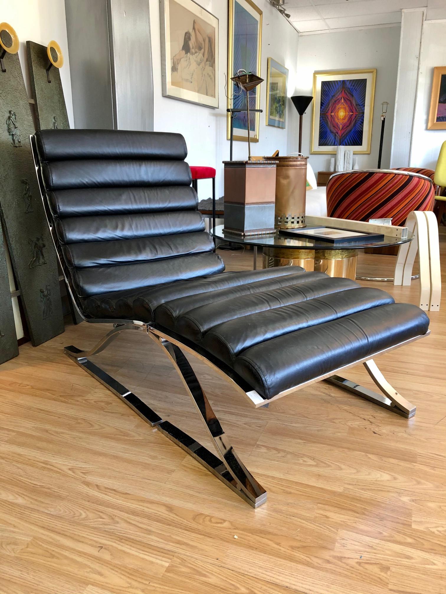 Vintage 1970s Black Leather Channel Back Lounge Chaise with Ottoman by D. I. A. 4