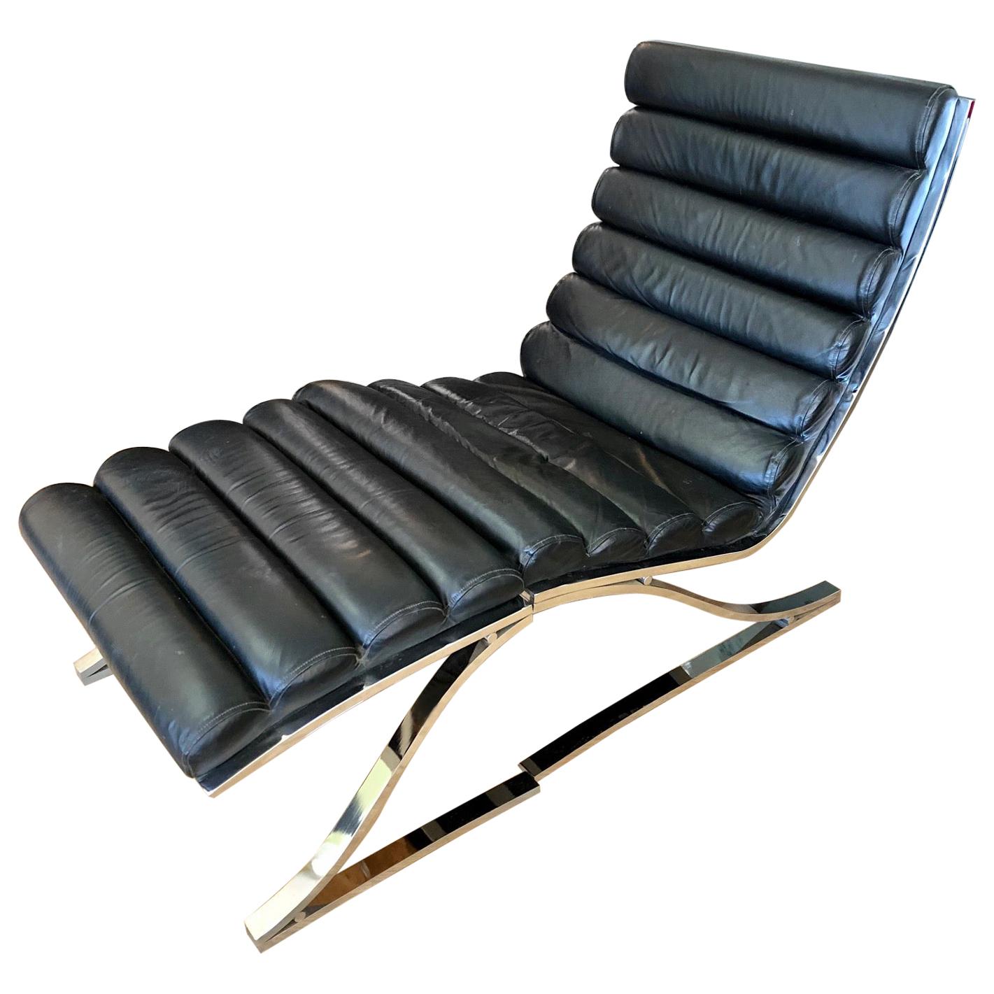 Vintage 1970s Black Leather Channel Back Lounge Chaise with Ottoman by D. I. A.