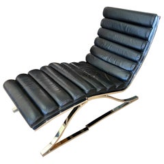 Vintage 1970s Black Leather Channel Back Lounge Chaise with Ottoman by D. I. A.