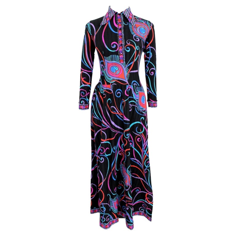 Vintage 1970s Black Pink Floral Long Dress at 1stDibs