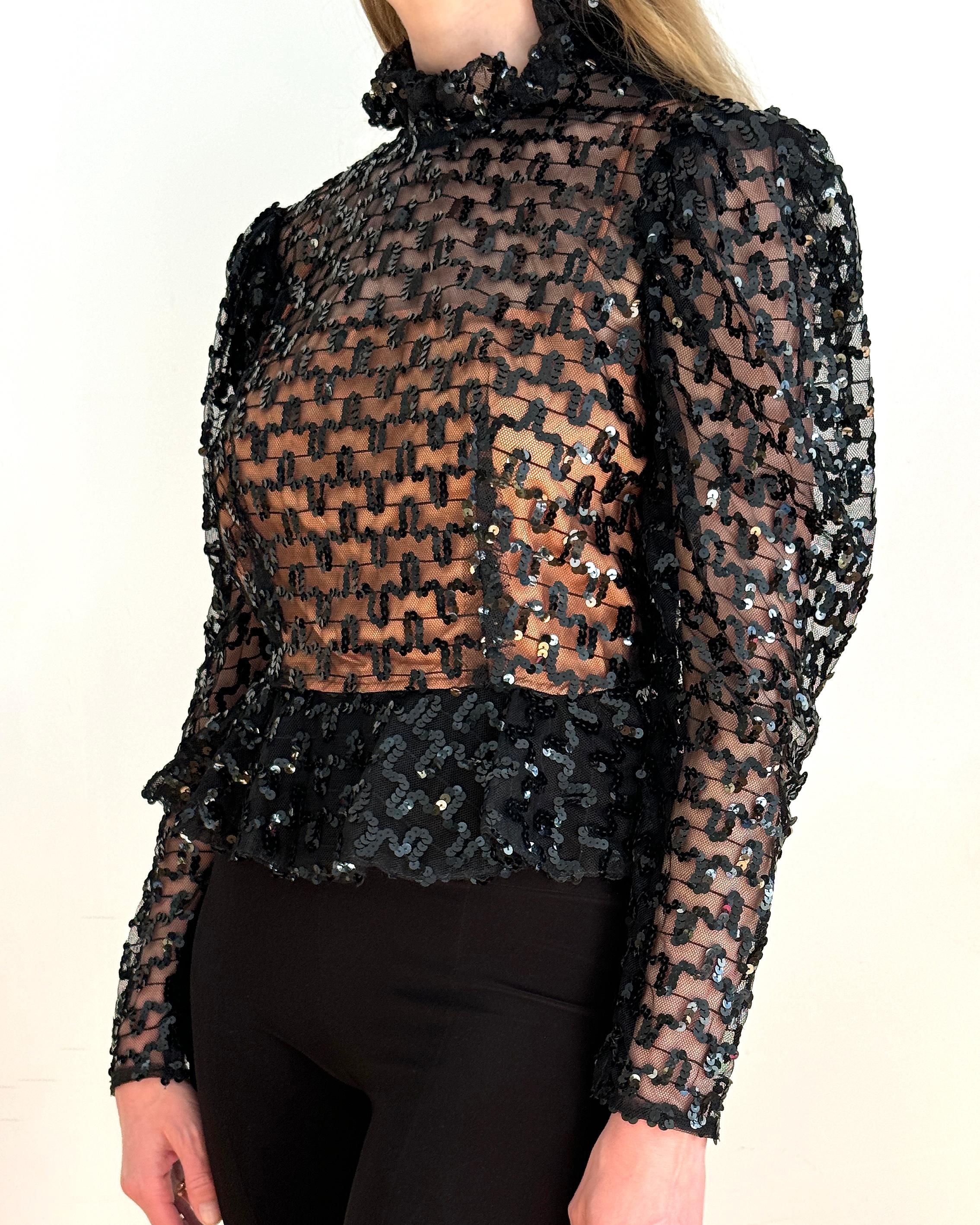 VINTAGE 1970s BLACK SEQUIN PEPLUM BLOUSE In Good Condition For Sale In New York, NY