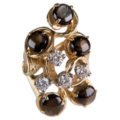 Vintage 1970's Black Star Sapphire and Diamond Ring 14k Yellow Gold