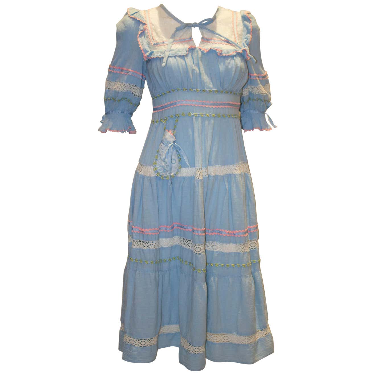 Vintage 1970s Blue Chessecloth Dress by Felice, Paris For Sale at 1stDibs