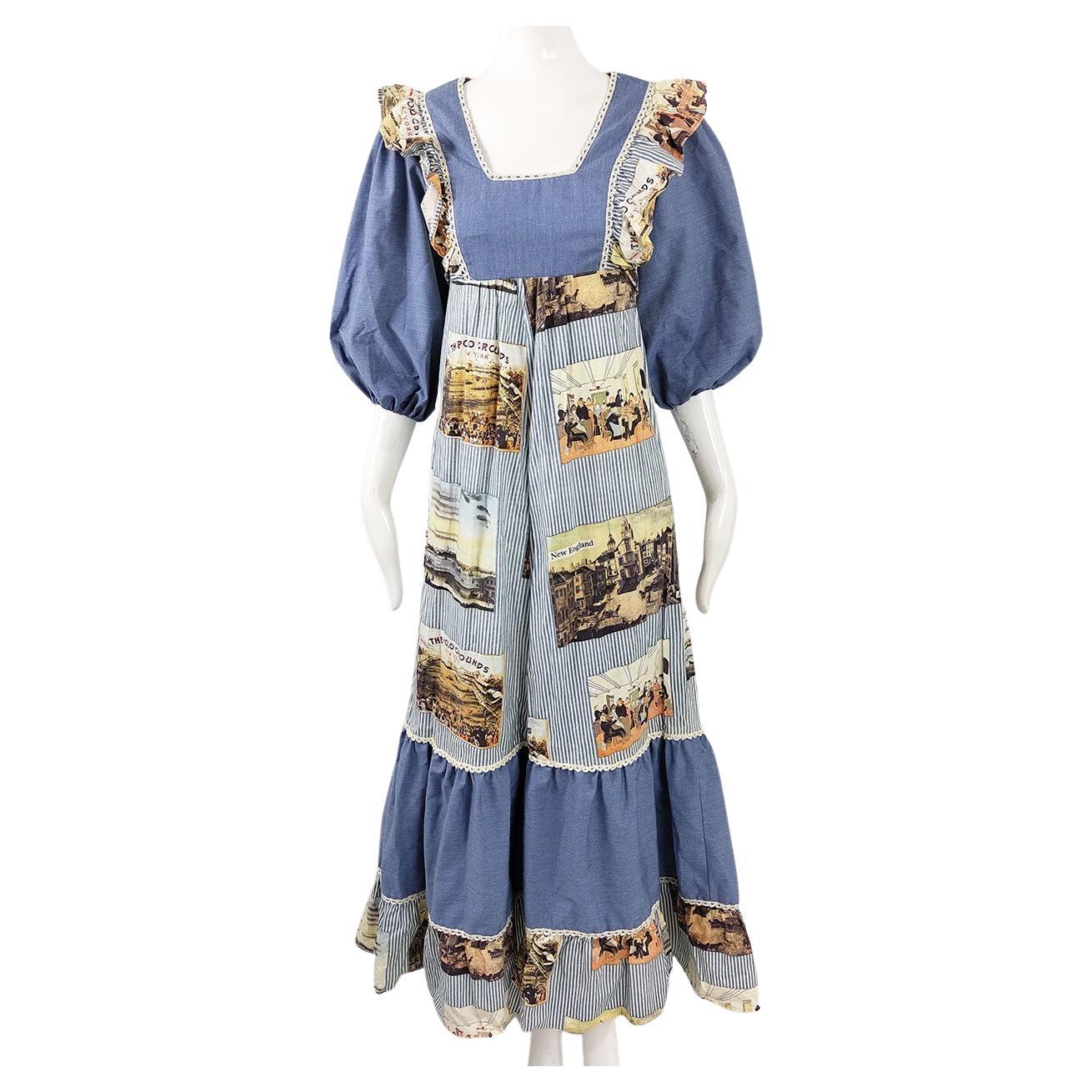 Vintage 1970s Blue Cotton Postcard Pattern Square Neck Boho Maxi Dress ...