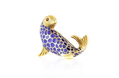 Vintage 1970s Blue Enamel Seal Brooch