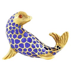 Vintage 1970s Blue Enamel Seal Brooch