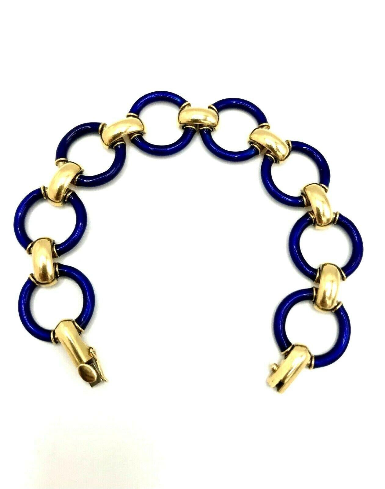 Women's Vintage 1970s Blue Enamel Yellow Gold Link Bracelet
