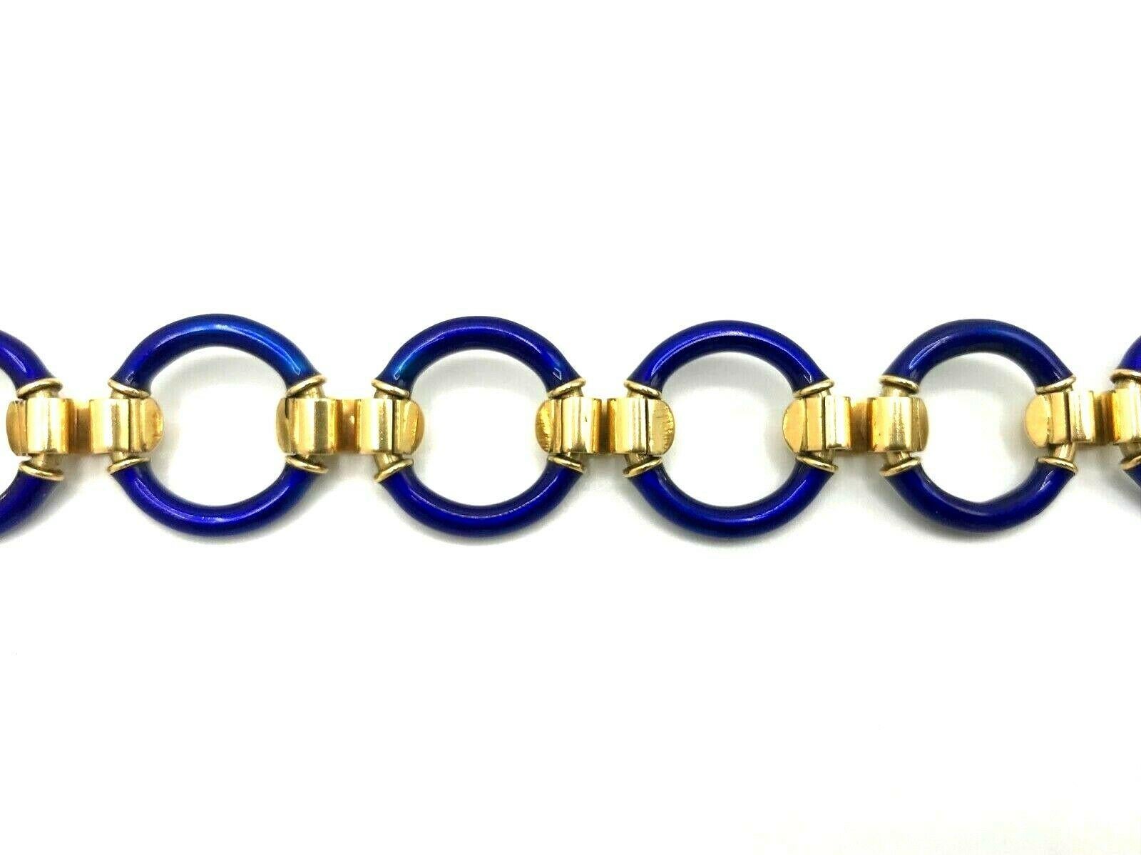 Vintage 1970s Blue Enamel Yellow Gold Link Bracelet 2