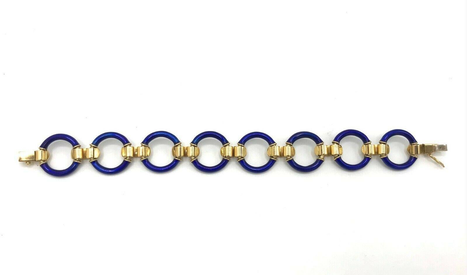 Vintage 1970s Blue Enamel Yellow Gold Link Bracelet 3