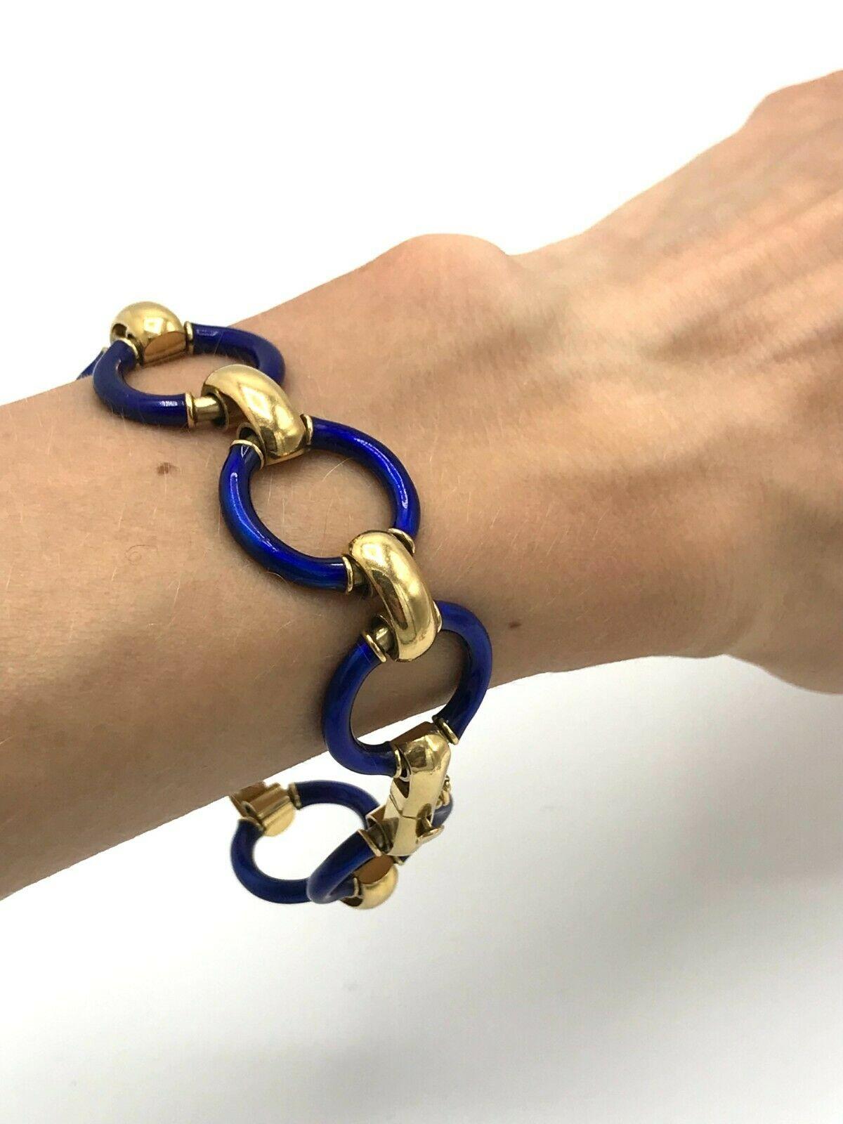 Vintage 1970s Blue Enamel Yellow Gold Link Bracelet 4