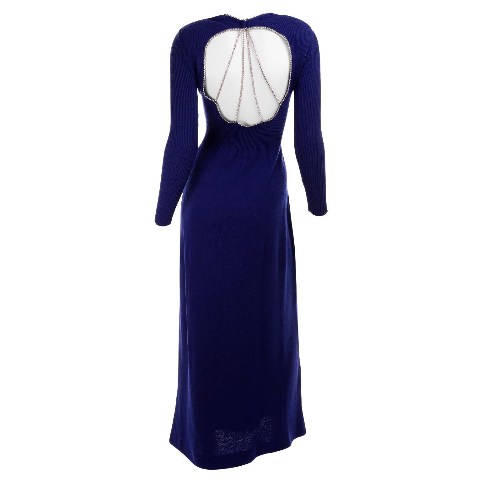 Vintage 1970s Blue Knit Evening Dress With Open Back and Rhinestones For Sale