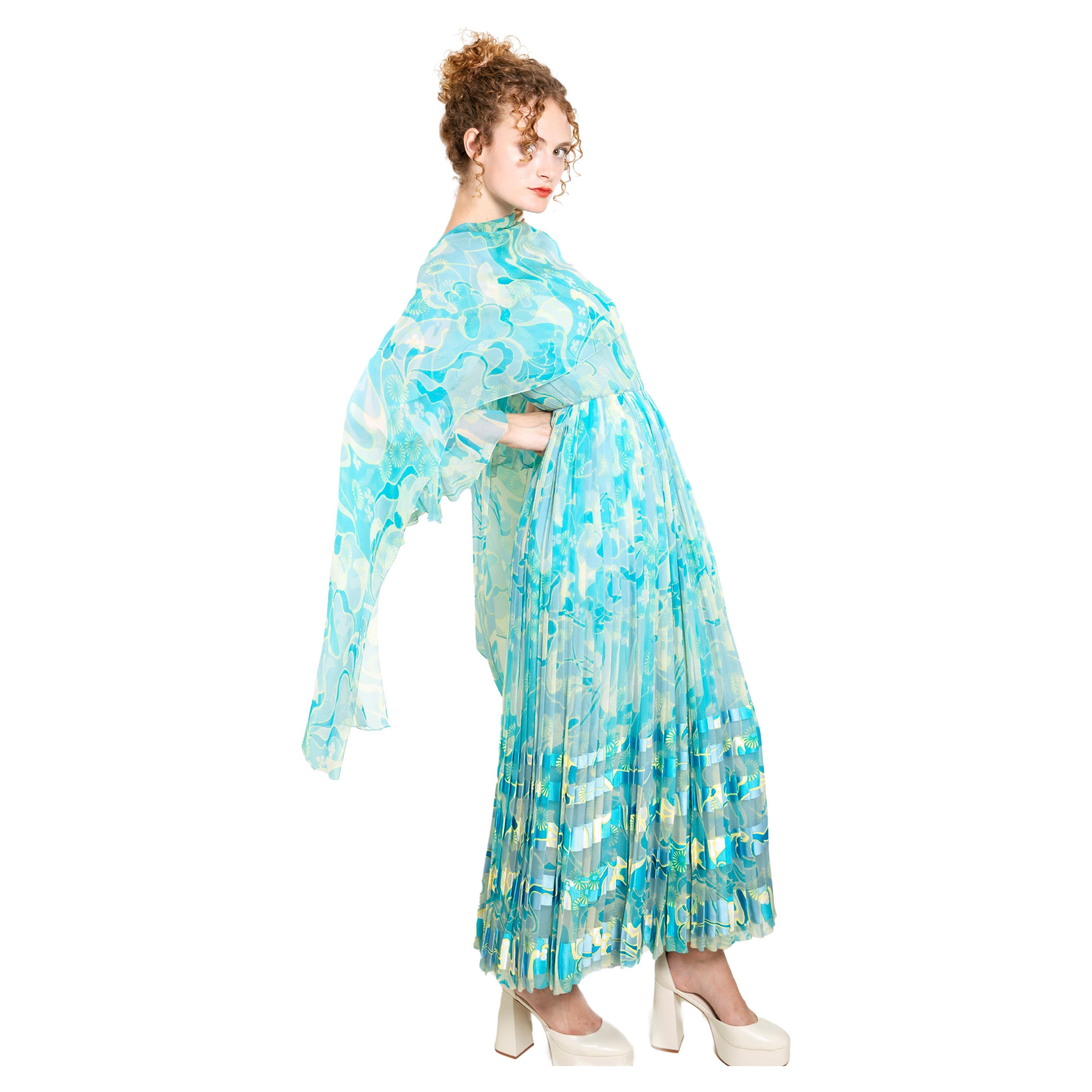 Vintage 1970's Blue Silk Printed Chiffon Dress For Sale