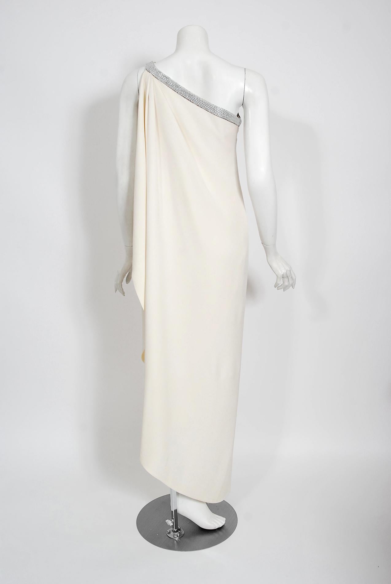 Vintage 1970's Bob Mackie Beaded Ivory Silk One-Shoulder Grecian Goddess Gown  4