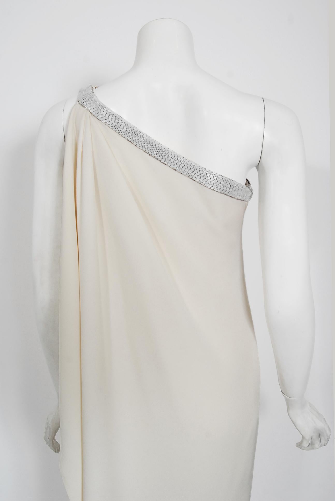 Vintage 1970's Bob Mackie Beaded Ivory Silk One-Shoulder Grecian Goddess Gown 5