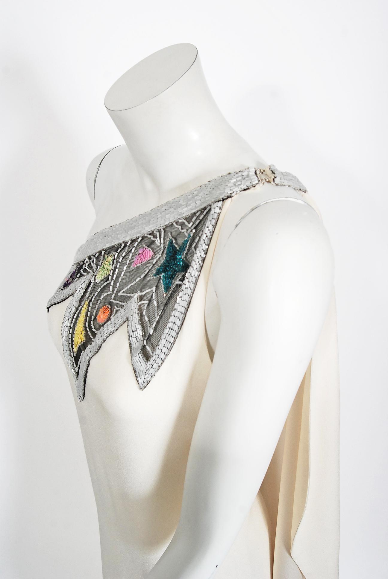 Gray Vintage 1970's Bob Mackie Beaded Ivory Silk One-Shoulder Grecian Goddess Gown 