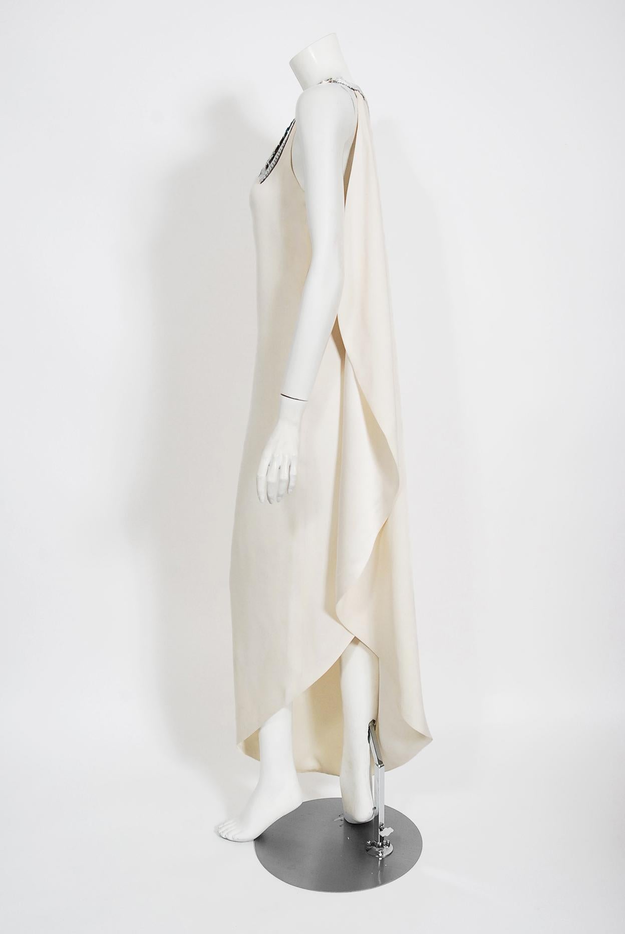Vintage 1970's Bob Mackie Beaded Ivory Silk One-Shoulder Grecian Goddess Gown  2