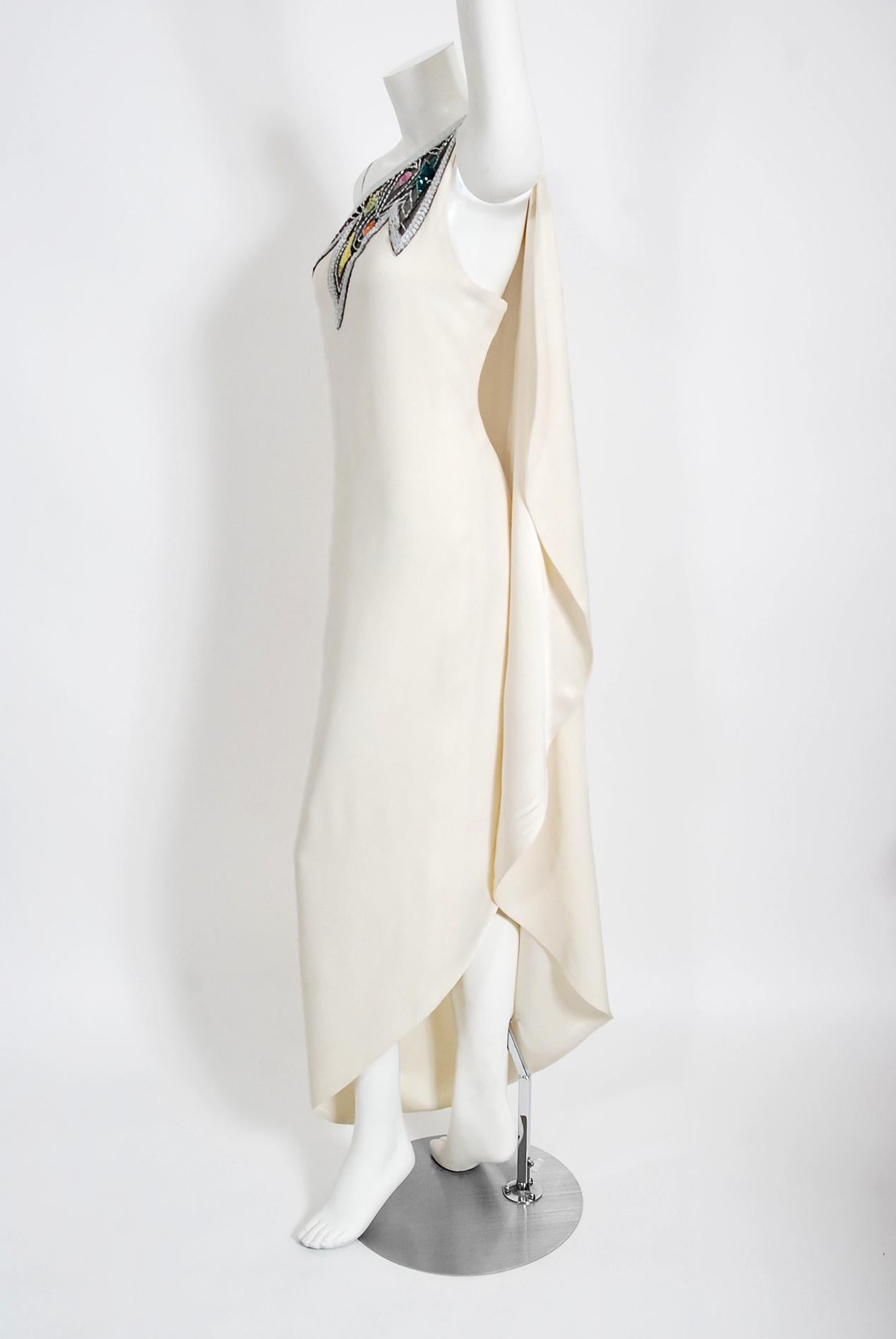 Vintage 1970's Bob Mackie Beaded Ivory Silk One-Shoulder Grecian Goddess Gown  3