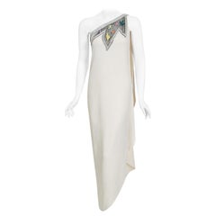 Vintage 1970's Bob Mackie Beaded Ivory Silk One-Shoulder Grecian Goddess Gown 