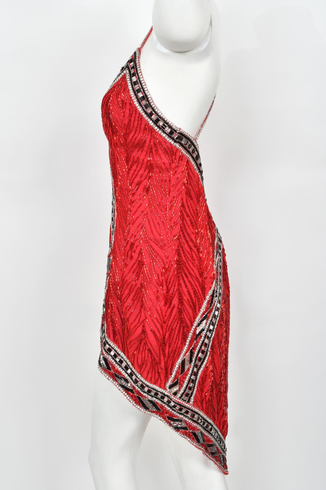 1984 Bob Mackie Documented Runway Fully Beaded Red Silk High-Low Mini Dress     For Sale 9