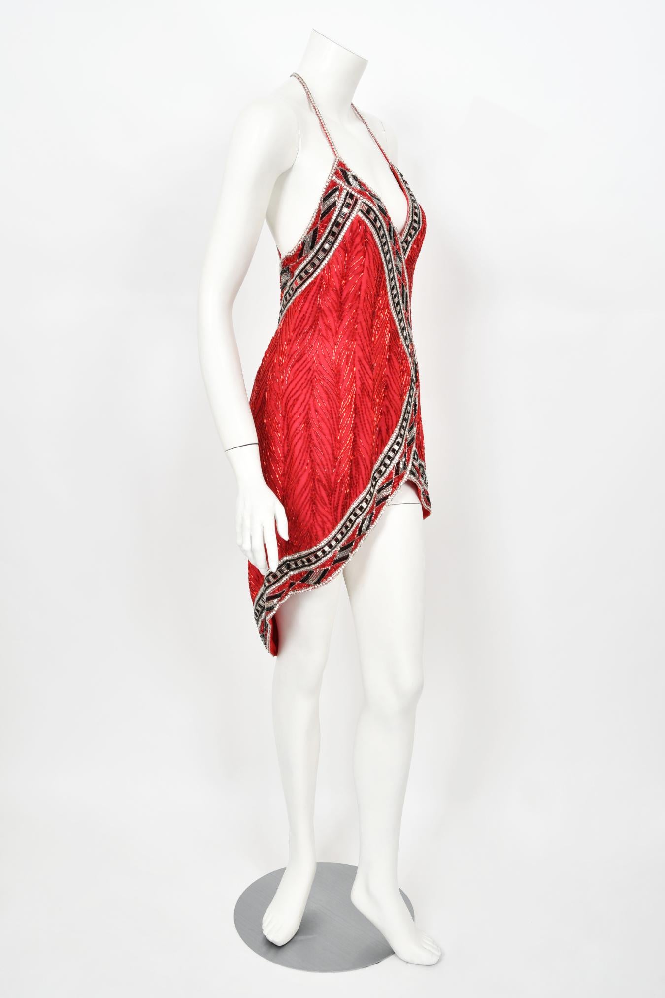 1984 Bob Mackie Documented Runway Fully Beaded Red Silk High-Low Mini Dress     For Sale 12