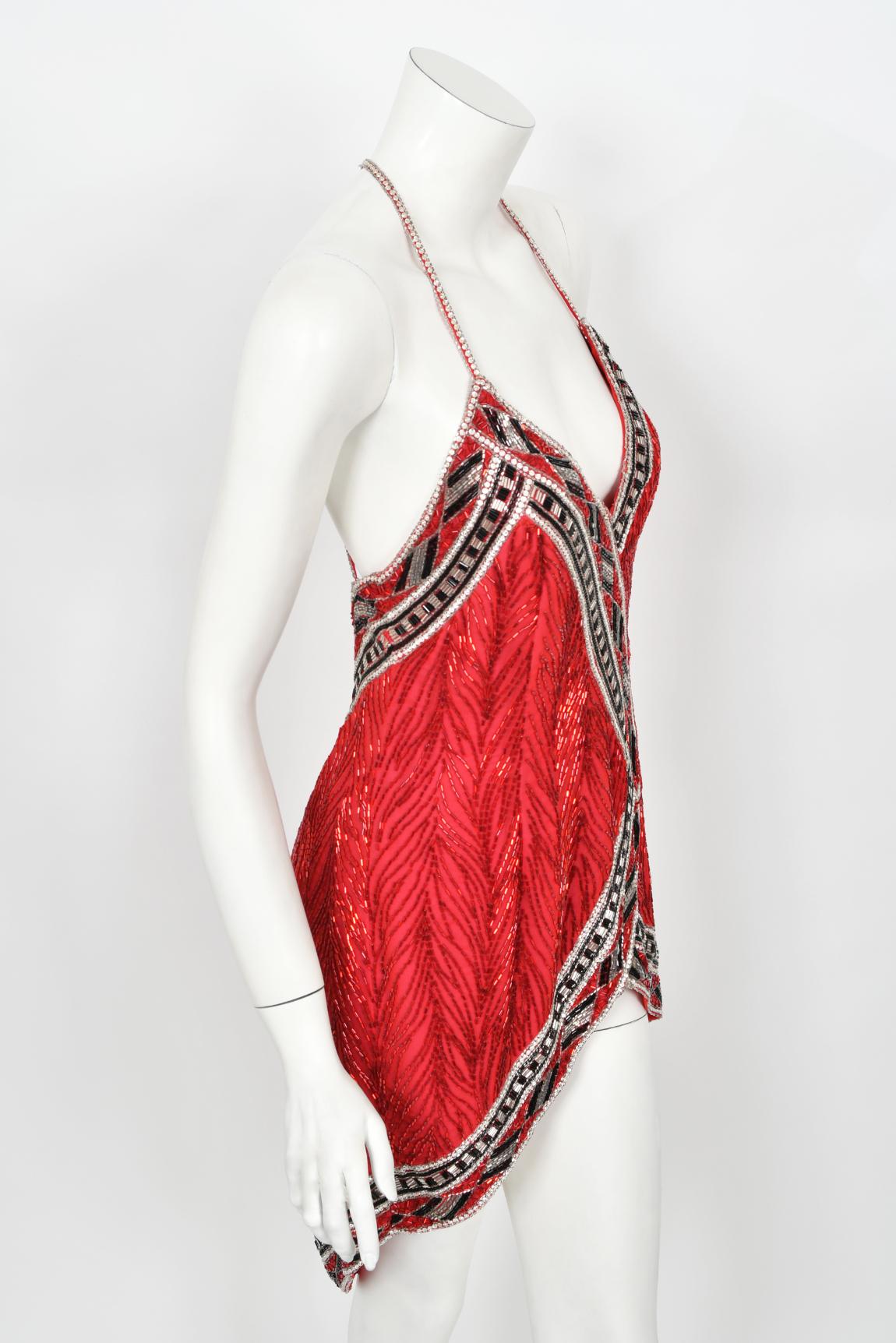 1984 Bob Mackie Documented Runway Fully Beaded Red Silk High-Low Mini Dress     For Sale 13