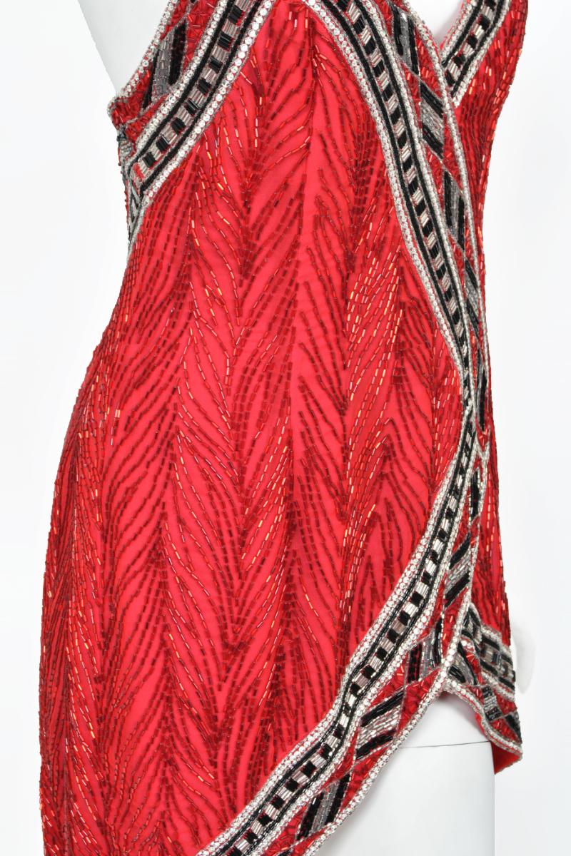 1984 Bob Mackie Documented Runway Fully Beaded Red Silk High-Low Mini Dress     For Sale 14
