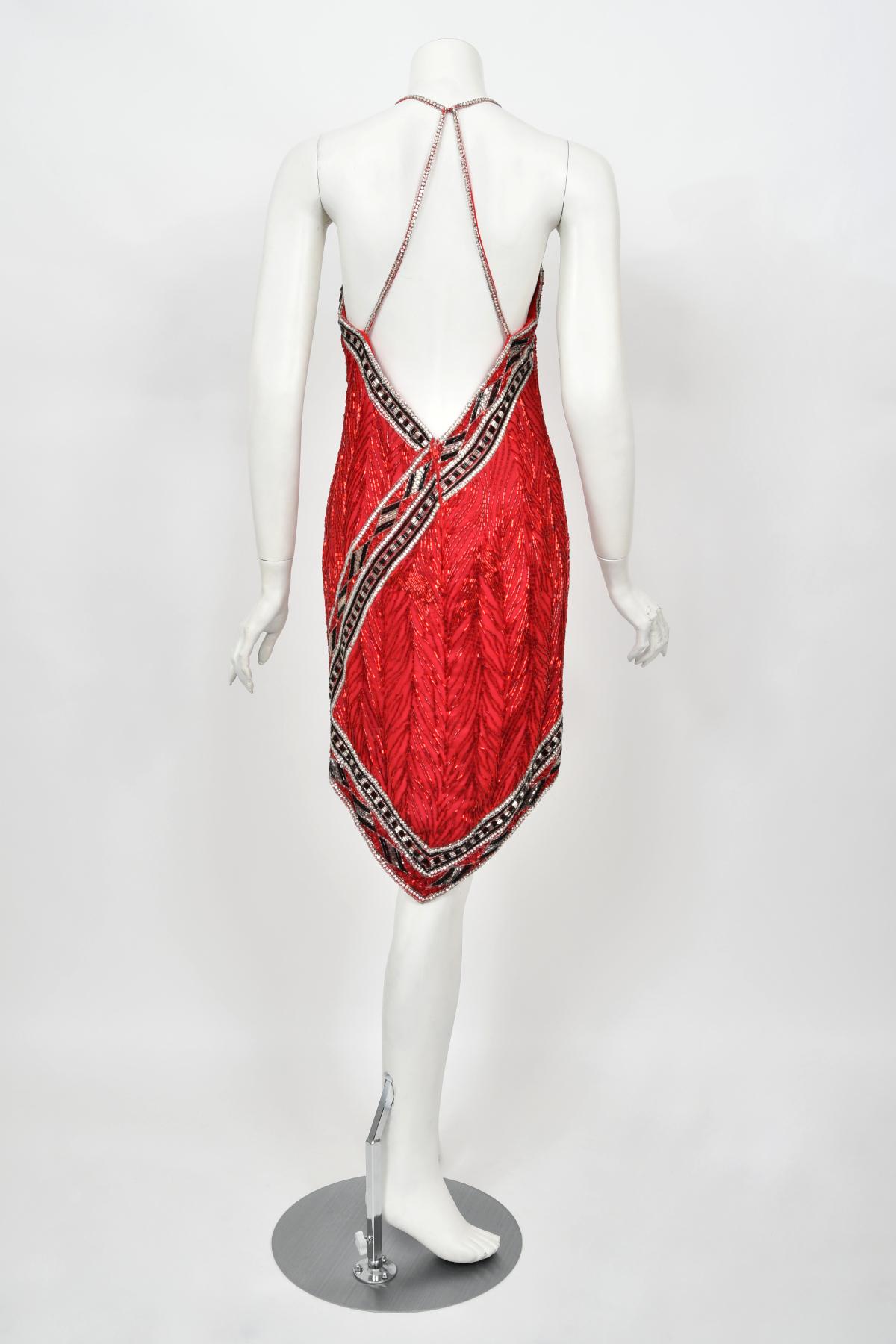 1984 Bob Mackie Documented Runway Fully Beaded Red Silk High-Low Mini Dress     For Sale 15
