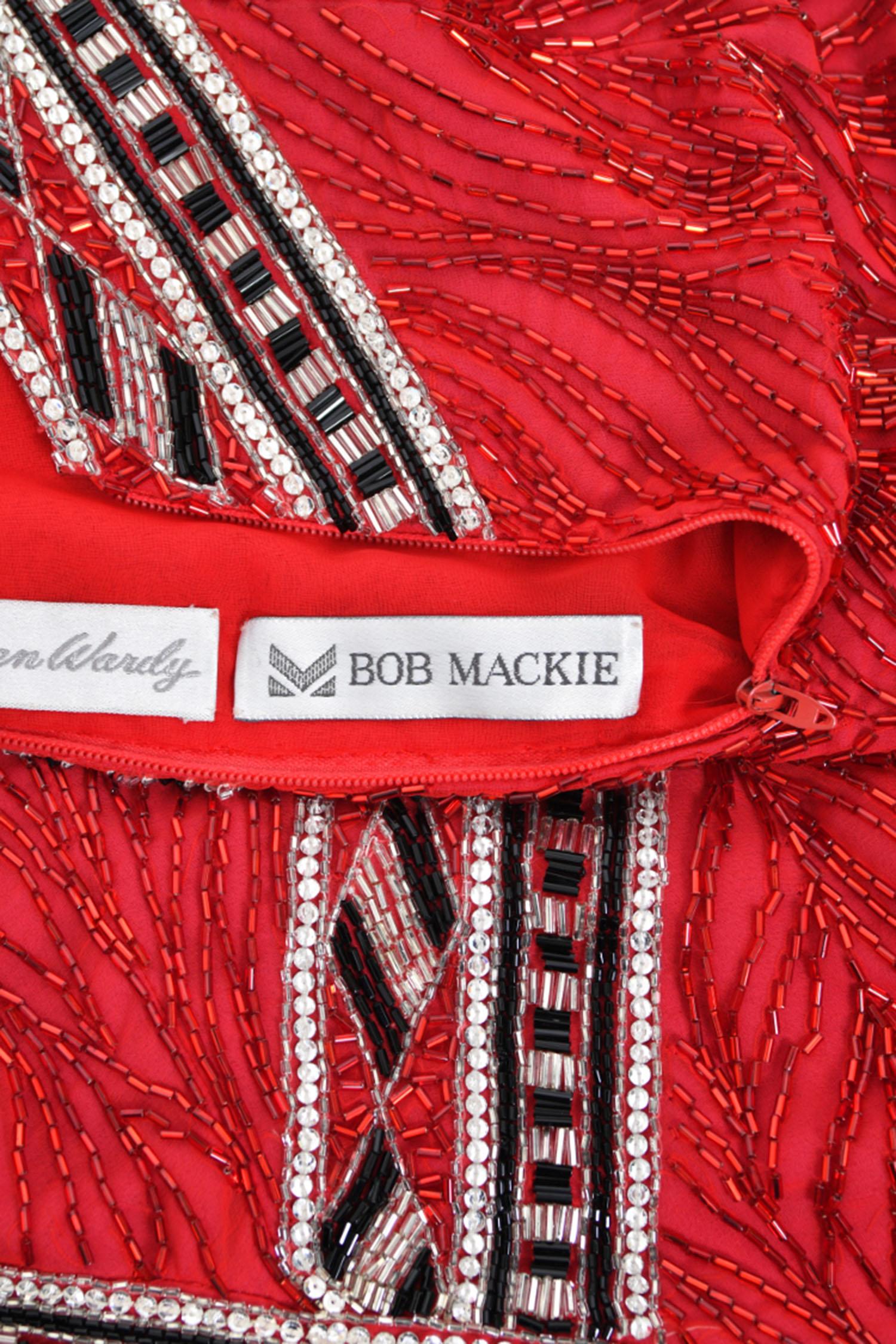 1984 Bob Mackie Documented Runway Fully Beaded Red Silk High-Low Mini Dress     For Sale 16