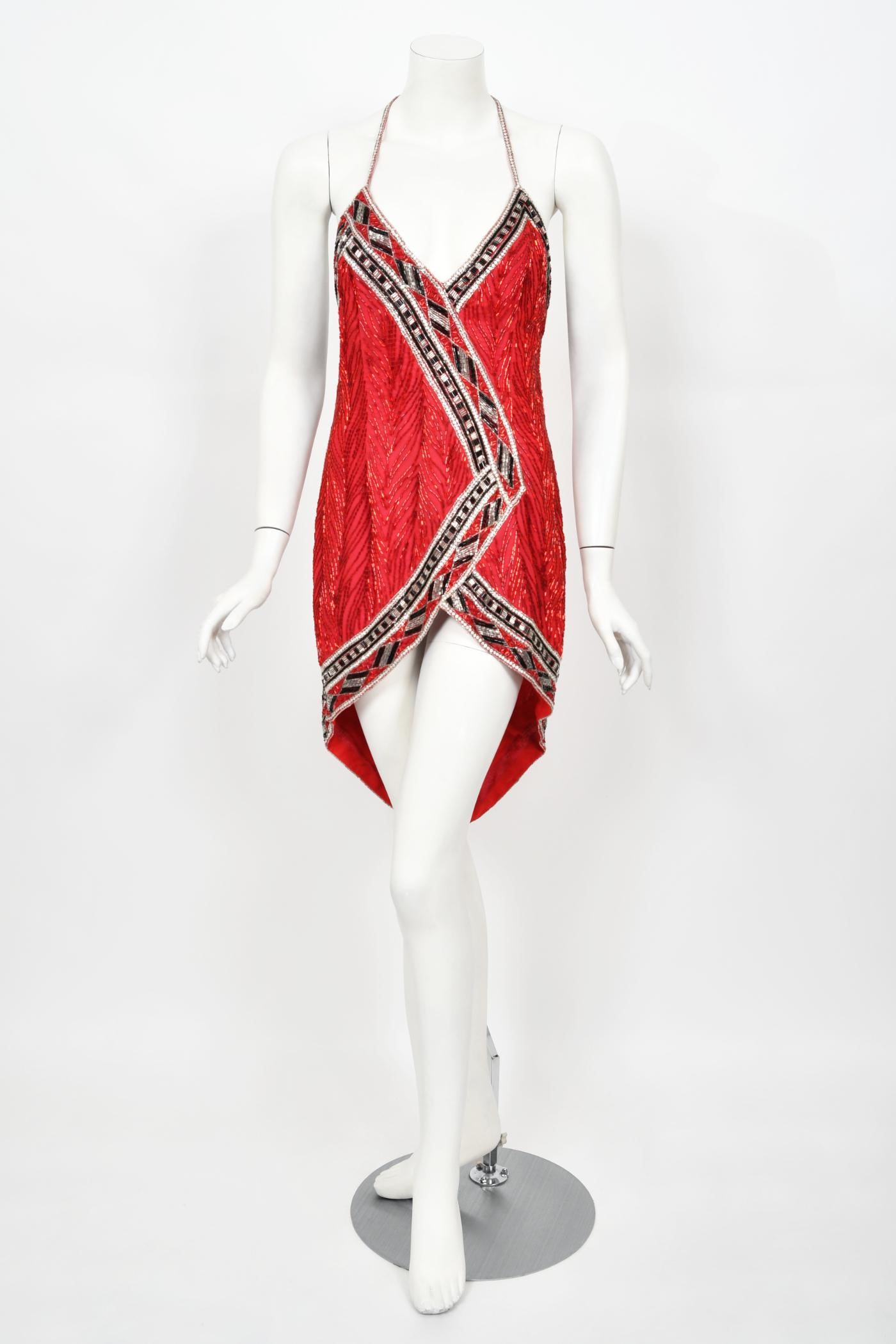 Women's 1984 Bob Mackie Documented Runway Fully Beaded Red Silk High-Low Mini Dress     For Sale