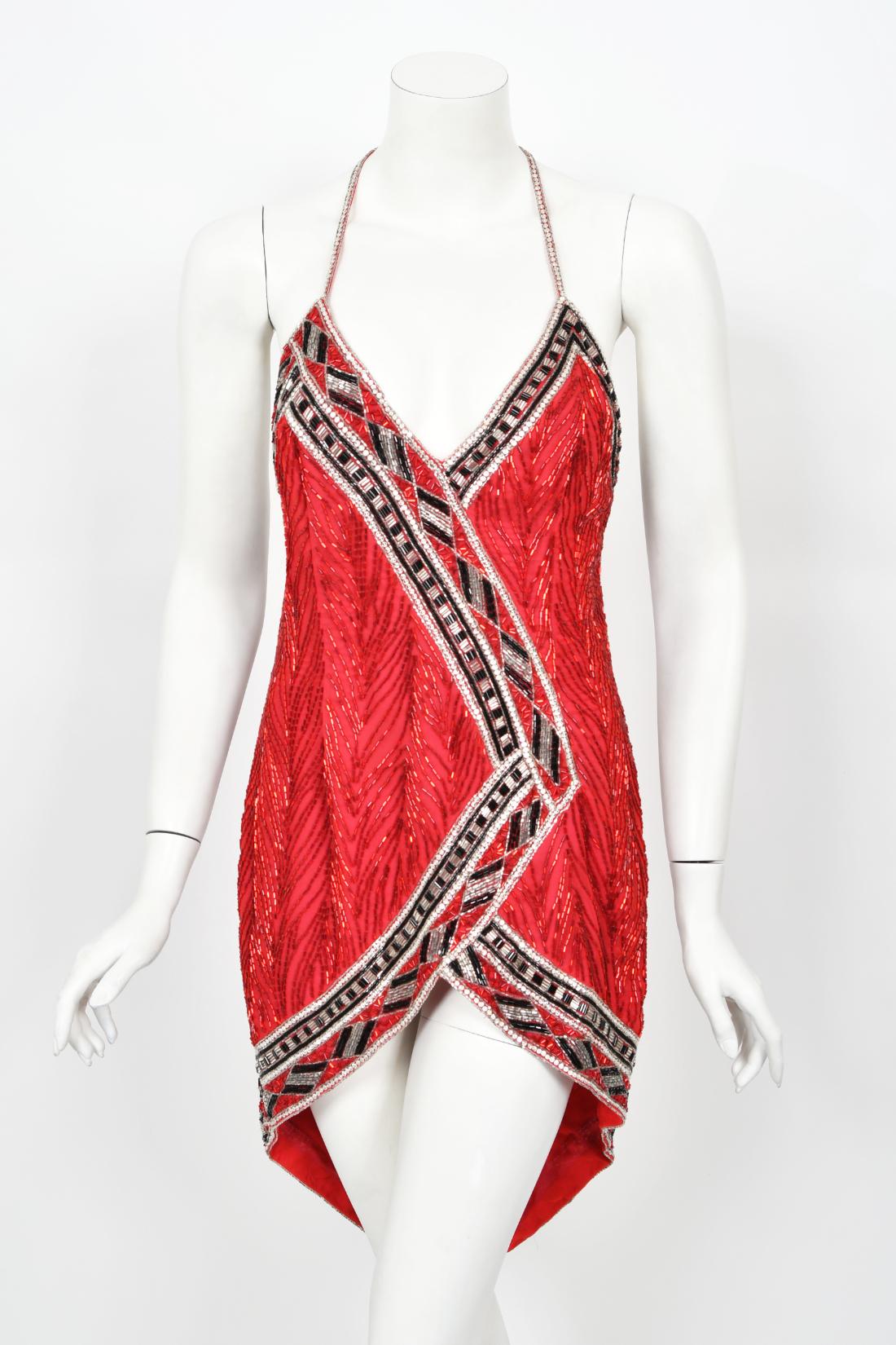 1984 Bob Mackie Documented Runway Fully Beaded Red Silk High-Low Mini Dress     For Sale 1