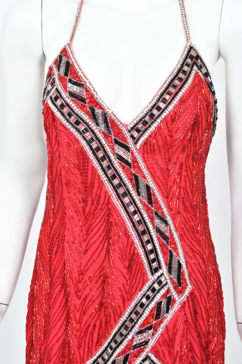 1984 Bob Mackie Documented Runway Fully Beaded Red Silk High-Low Mini Dress     For Sale 4