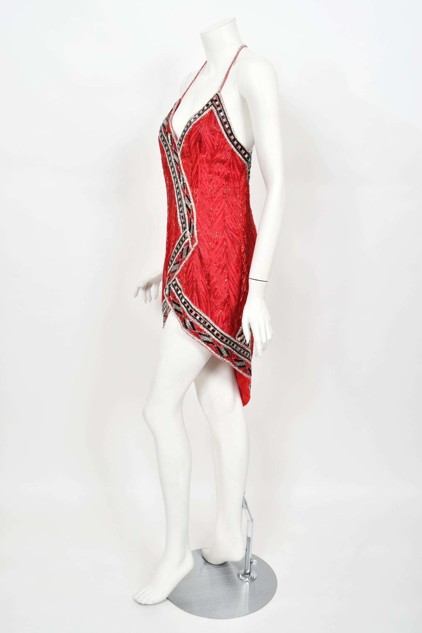 1984 Bob Mackie Documented Runway Fully Beaded Red Silk High-Low Mini Dress     For Sale 5