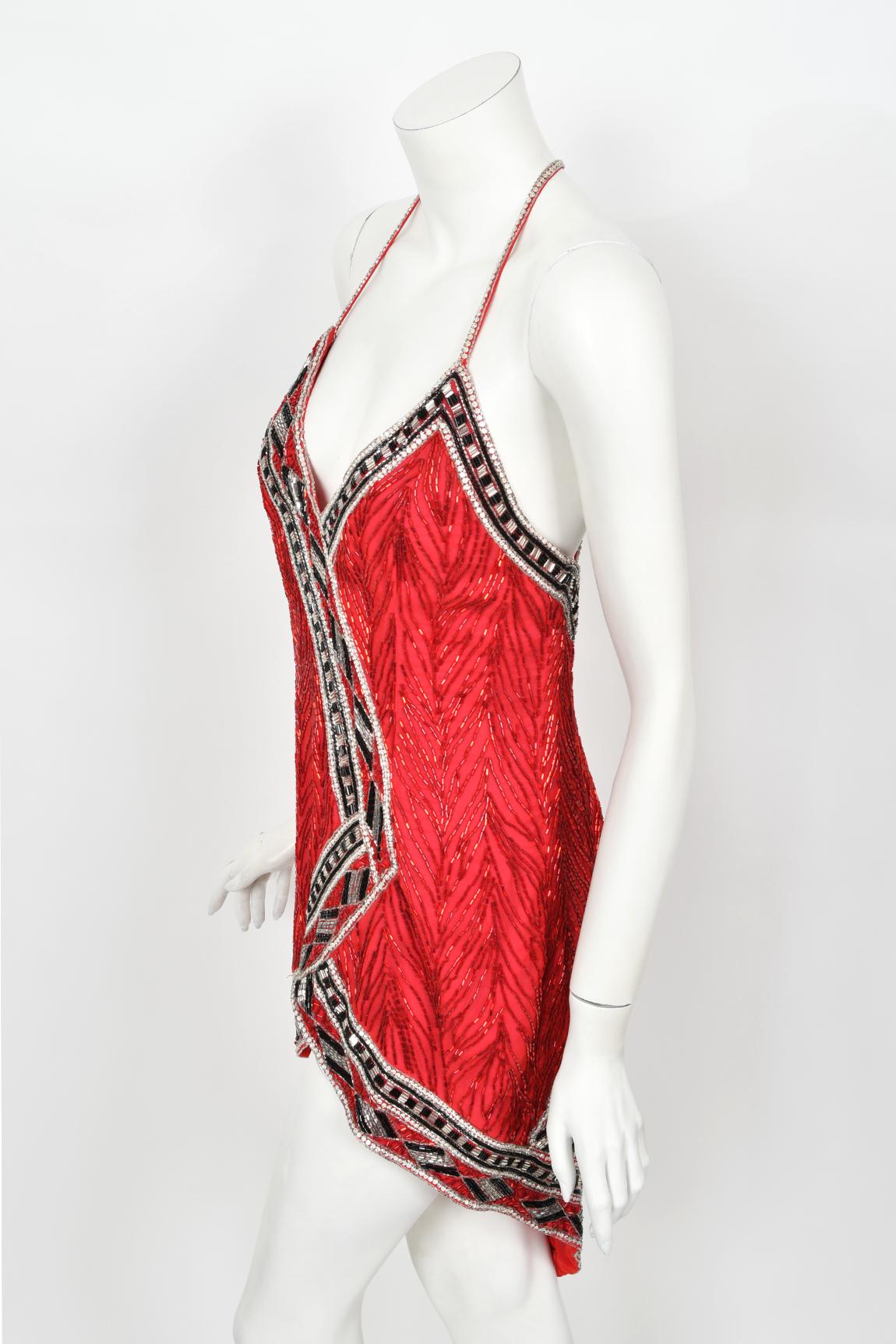 1984 Bob Mackie Documented Runway Fully Beaded Red Silk High-Low Mini Dress     For Sale 6