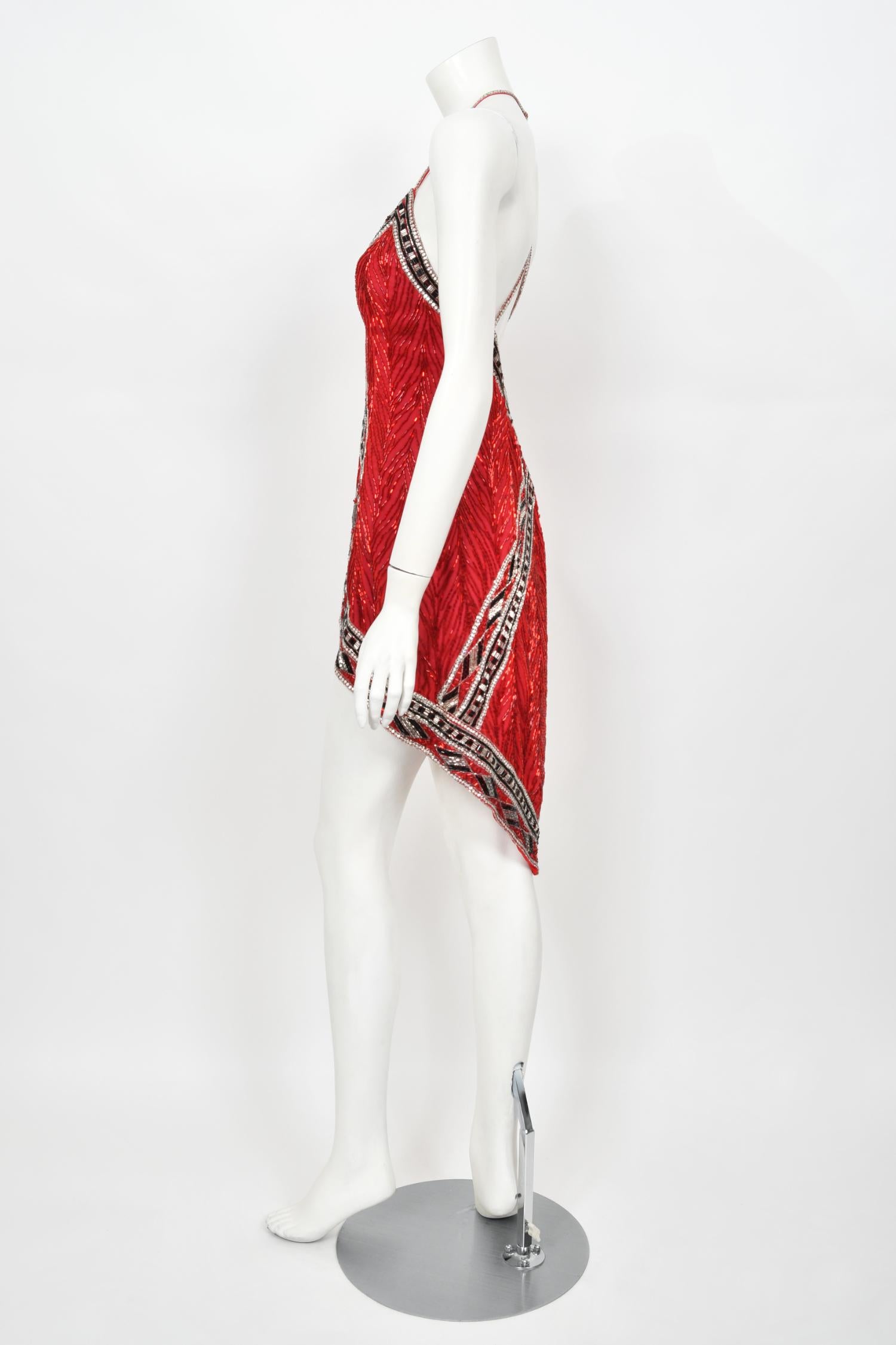 1984 Bob Mackie Documented Runway Fully Beaded Red Silk High-Low Mini Dress     For Sale 8