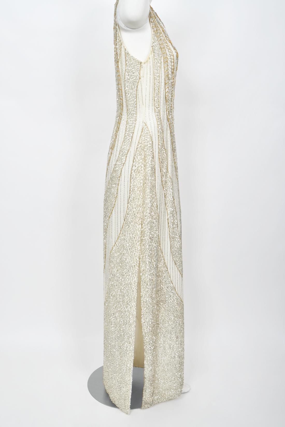Vintage 1984 Bob Mackie Documented Ivory Beaded Silk One-Shoulder Goddess Gown 12