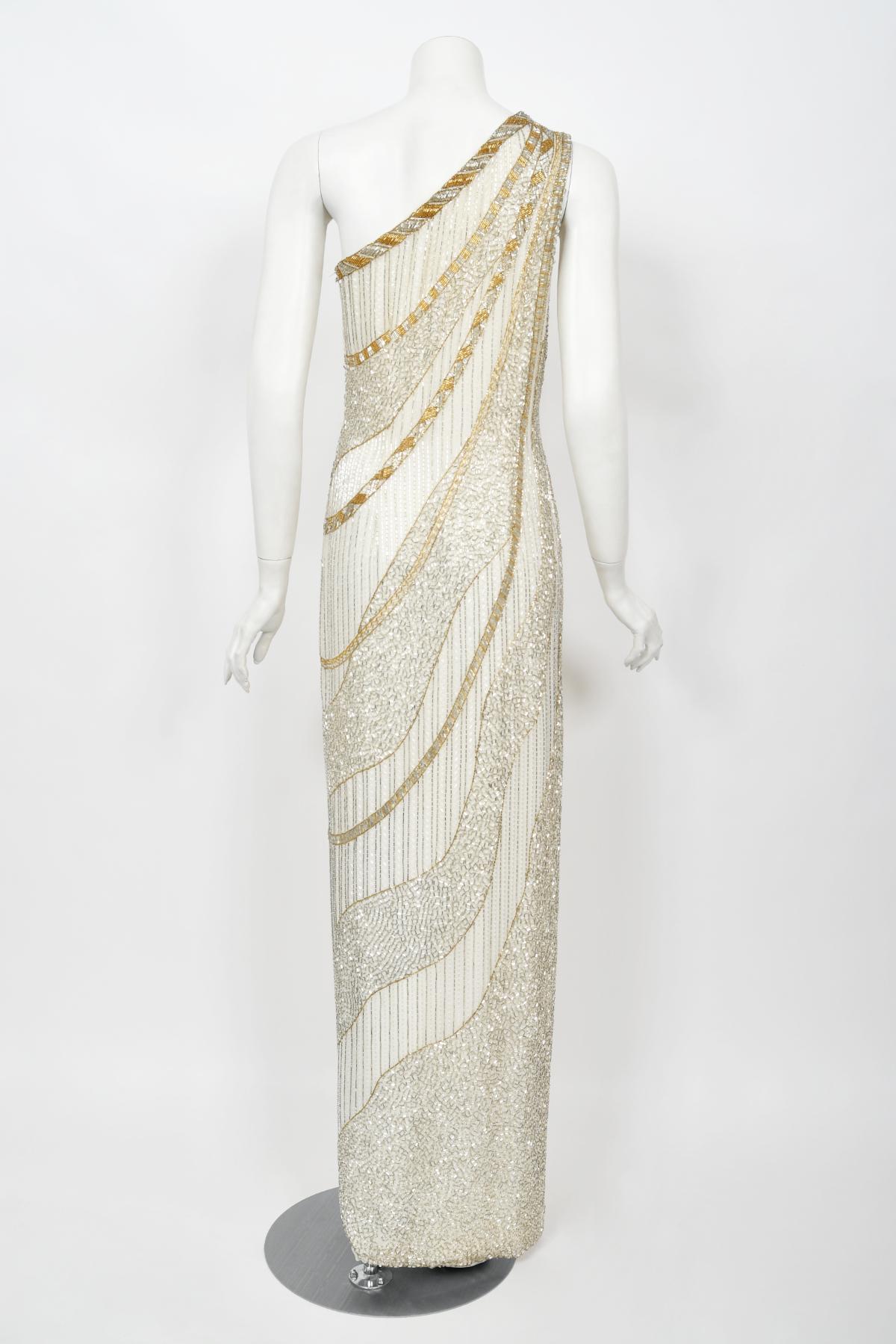 Vintage 1984 Bob Mackie Documented Ivory Beaded Silk One-Shoulder Goddess Gown 14