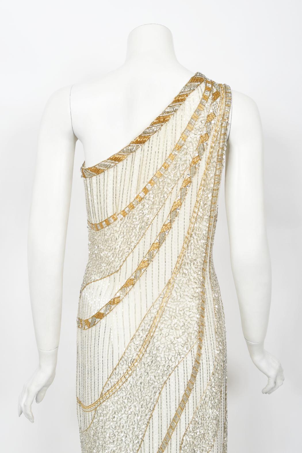 Vintage 1984 Bob Mackie Documented Ivory Beaded Silk One-Shoulder Goddess Gown 15