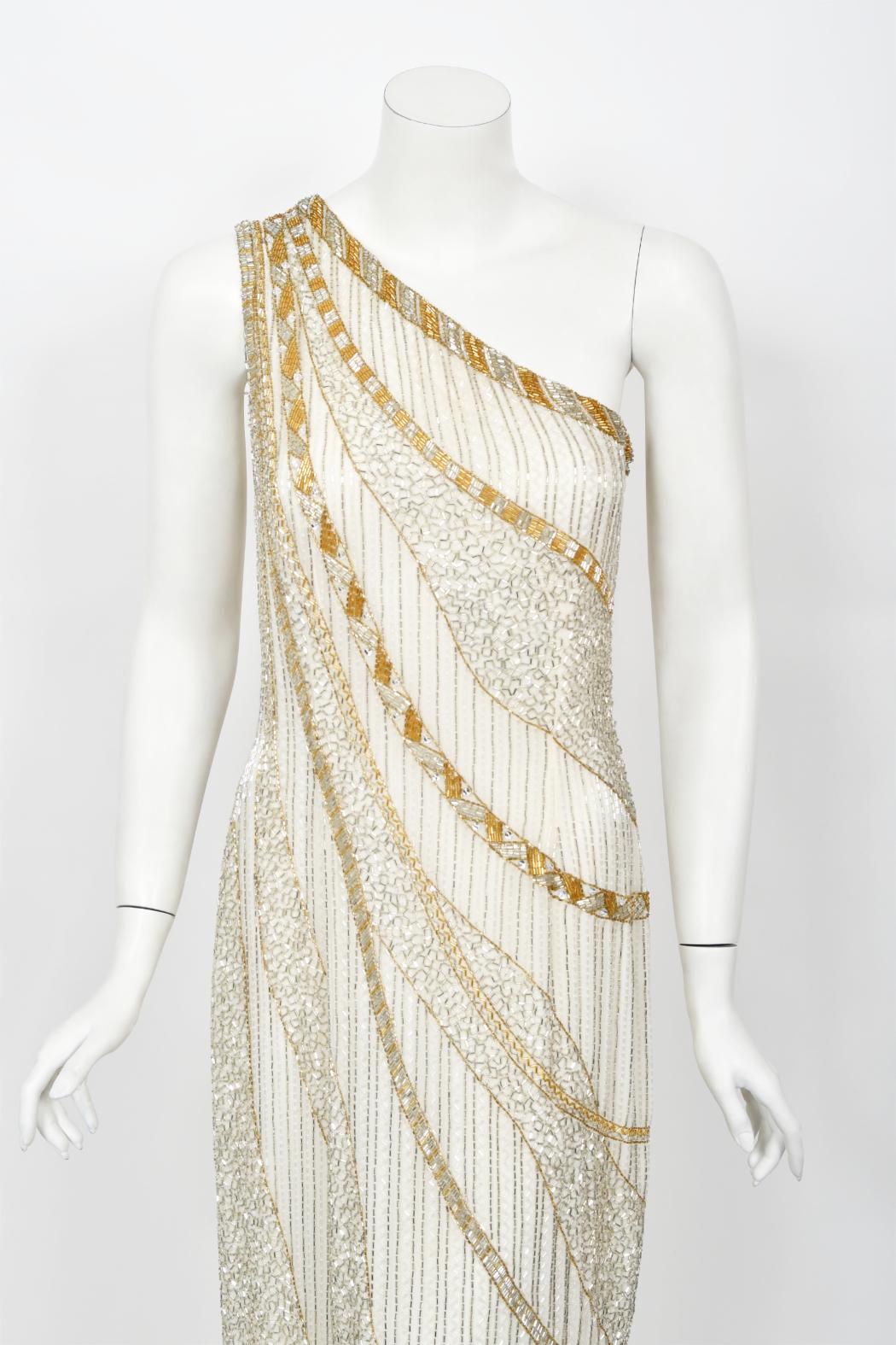 Women's Vintage 1984 Bob Mackie Documented Ivory Beaded Silk One-Shoulder Goddess Gown