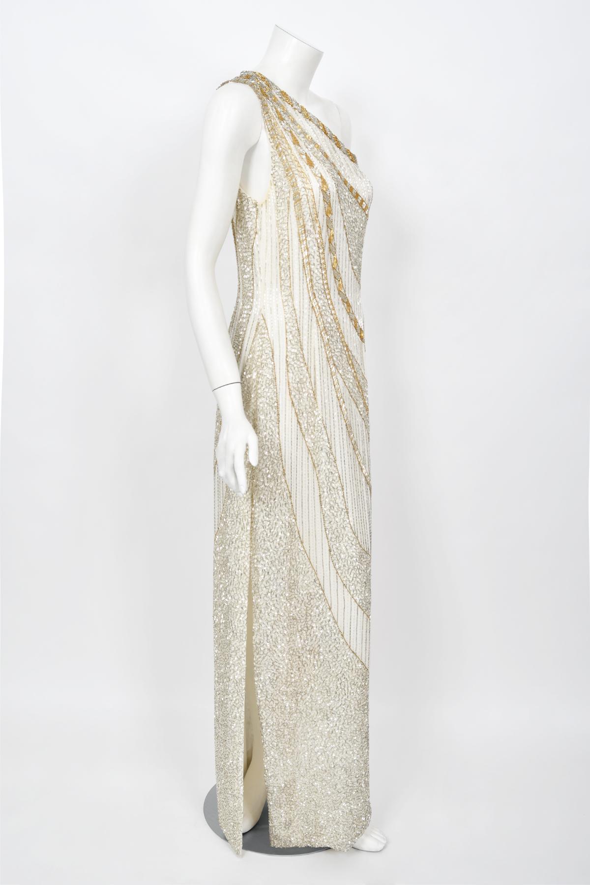 Vintage 1984 Bob Mackie Documented Ivory Beaded Silk One-Shoulder Goddess Gown 6