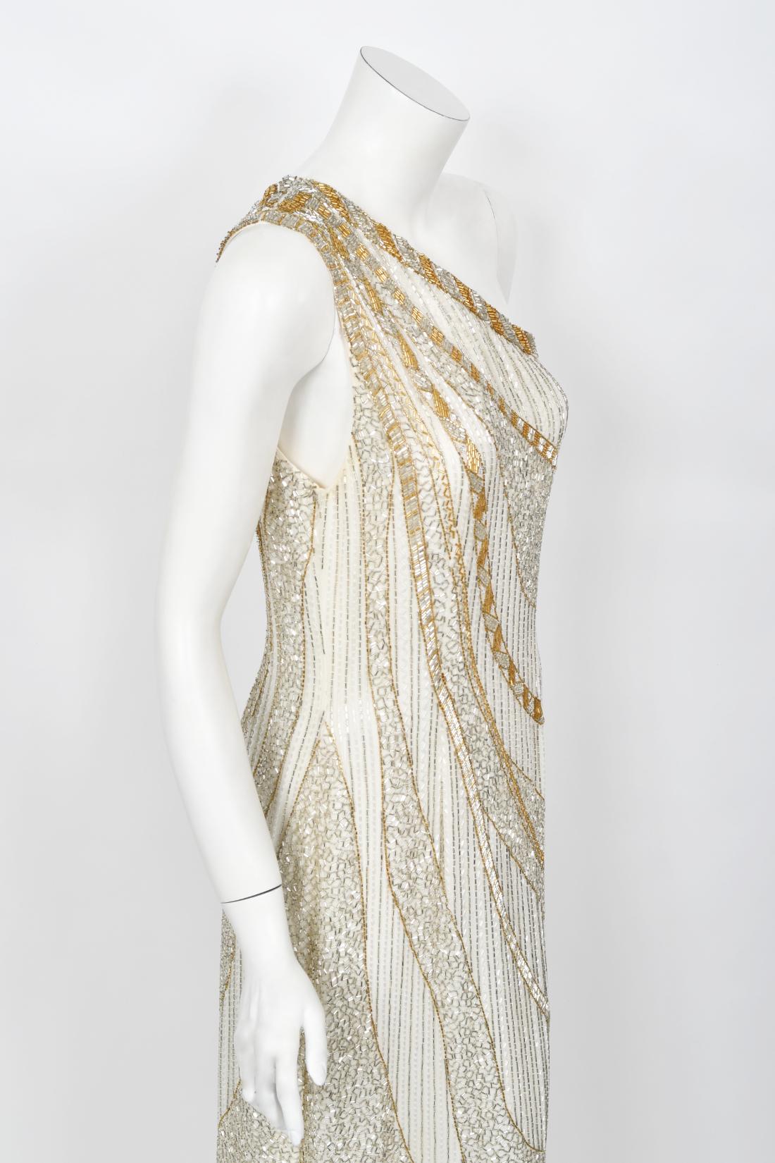Vintage 1984 Bob Mackie Documented Ivory Beaded Silk One-Shoulder Goddess Gown 7