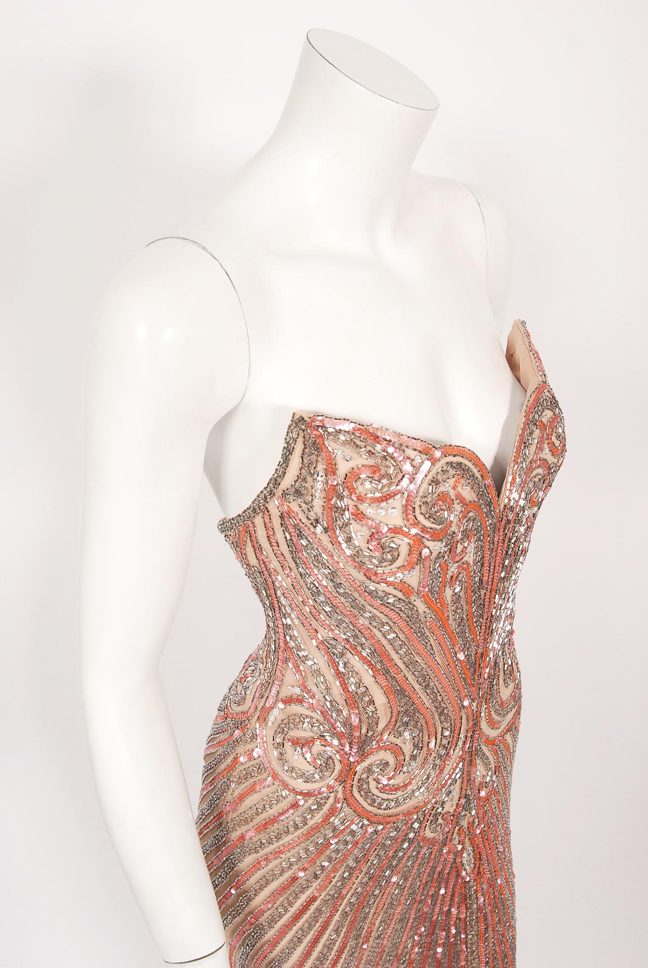 Vintage 1970's Bob Mackie Couture Pink Beaded Strapless Hourglass High-Slit Gown 2