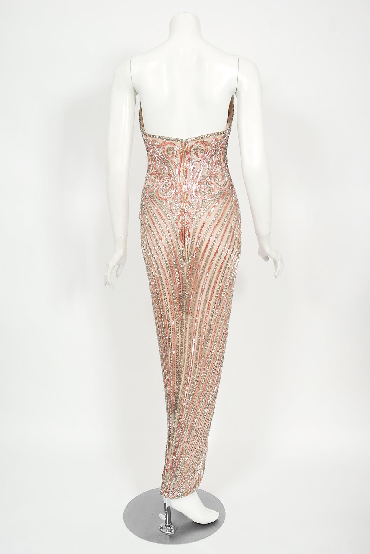 Vintage 1970's Bob Mackie Couture Pink Beaded Strapless Hourglass High-Slit Gown 4