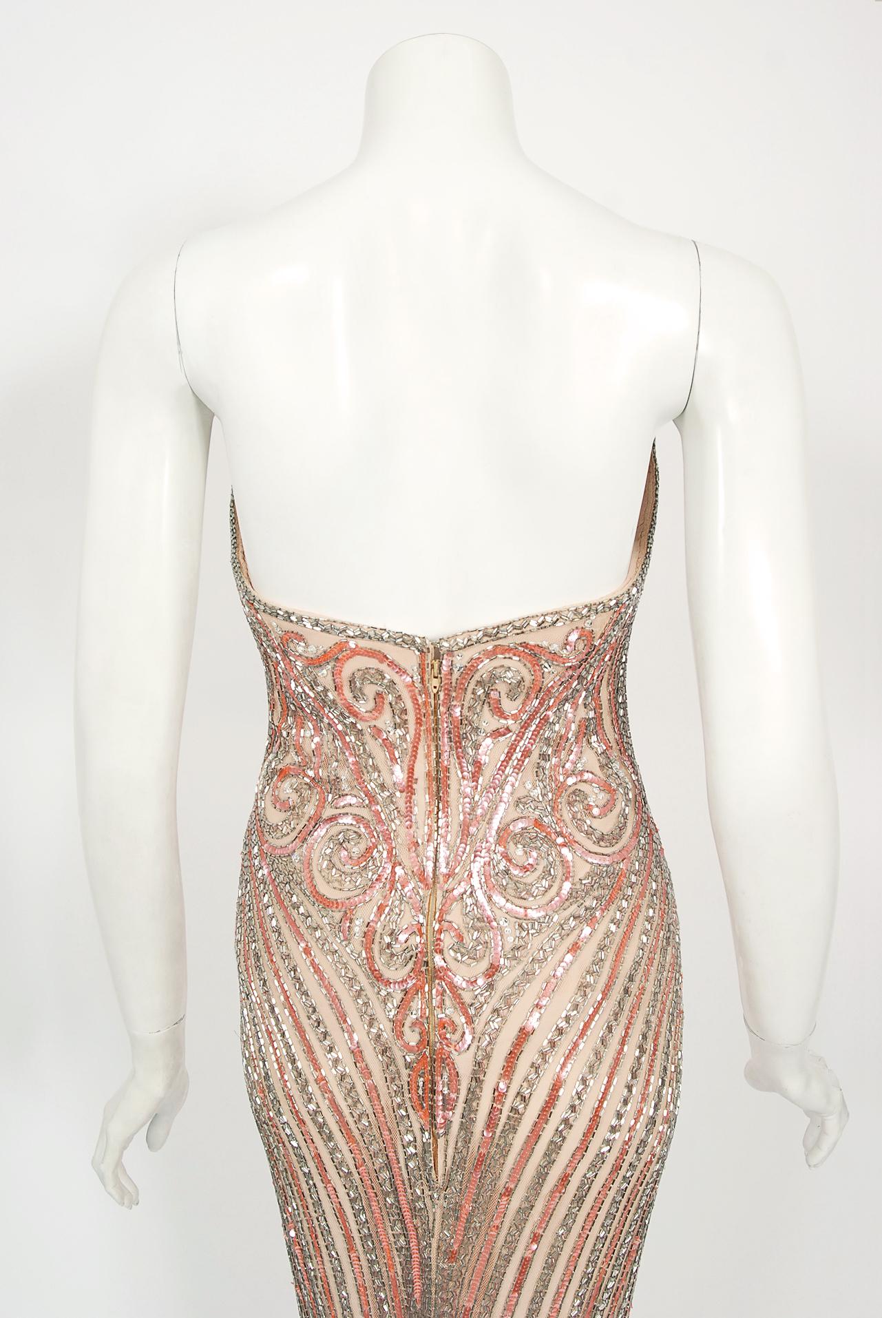 Vintage 1970er Bob Mackie Couture Rosa trägerloses Sanduhr-Kleid mit hohem Schlitz und Perlenbesatz 8