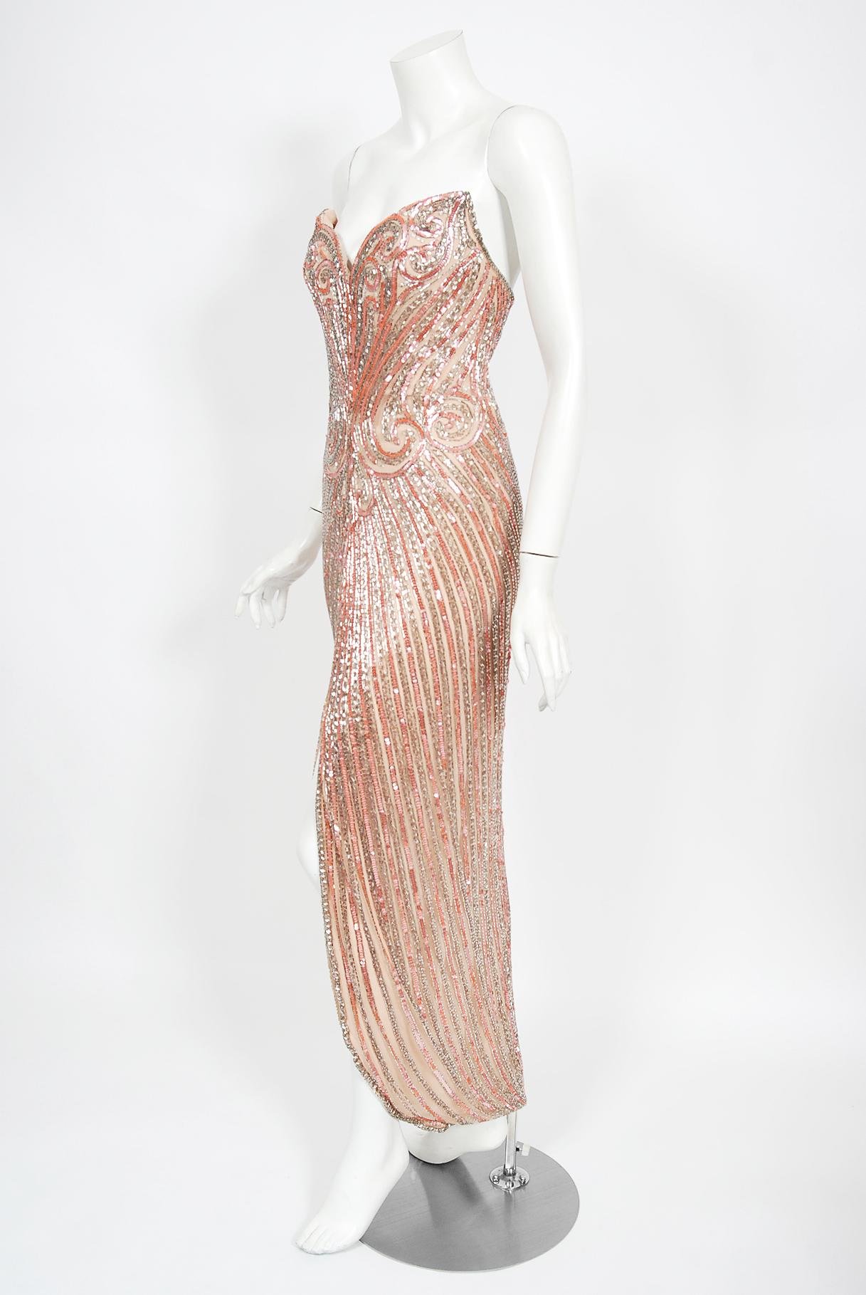 Vintage 1970 s Bob Mackie Couture Pink Beaded Strapless Hourglass High Vintage 1970 s Bob Mackie Couture Pink Beaded Strapless Hourglass High
