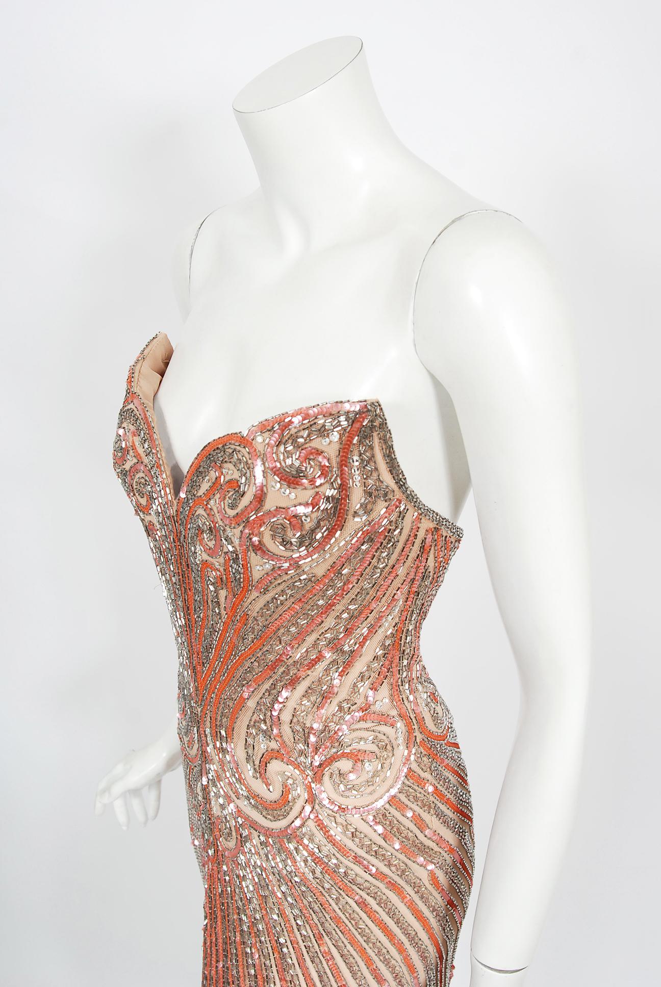 Beige Vintage 1970's Bob Mackie Couture Pink Beaded Strapless Hourglass High-Slit Gown