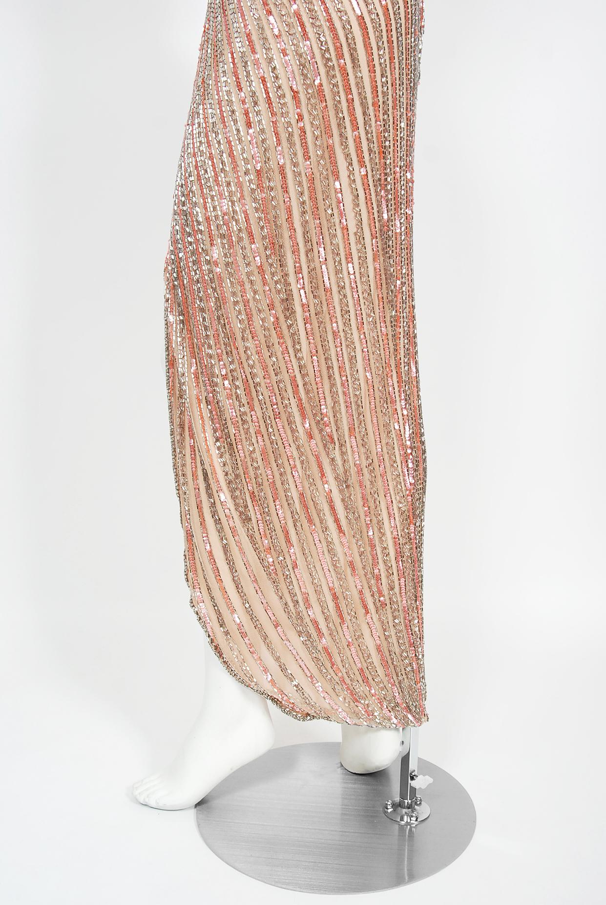 Women's Vintage 1970's Bob Mackie Couture Pink Beaded Strapless Hourglass High-Slit Gown
